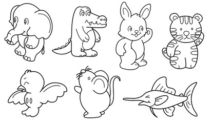 Cute design animal vector set 13 (Outline)
