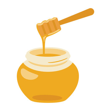 蜂蜜のイラスト。ハニーディッパーと、瓶に入った金色のはちみつ。