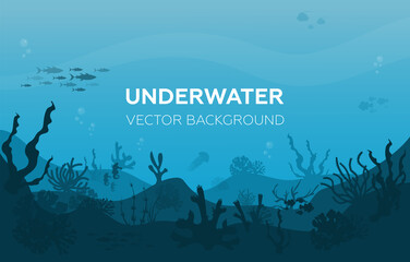 Underwater background with various sea views. Underwater scene. Cute sea fishes ocean underwater animals. Undersea bottom with corals seaweeds kids cartoon vector concept © Rimsky