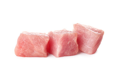 Pieces of raw pork meat on white background