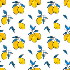 Abstract pattern with lemons on branch, leaves and geometric shapes. Vector seamless texture. Tropical seamless pattern with yellow lemons. Fruit repeated background.