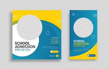School admission Editable minimal square banner template. Yellow blue background color with geometric shapes for social media post, story and web internet ads. Vector illustration