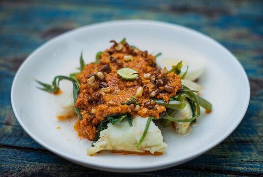 Tipat plecing, street food. Tipat plecing is spicy local food from Bali, Indonesia.