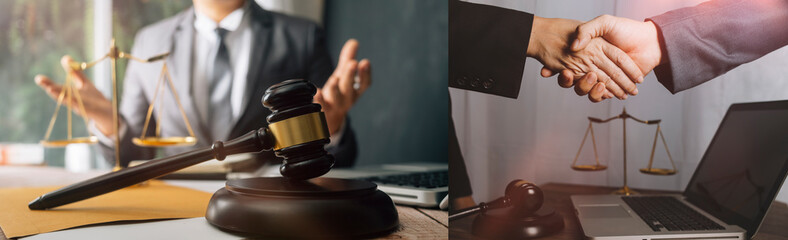 Business and lawyers discussing contract papers with brass scale on desk in office. Law, legal services, advice, justice and law concept