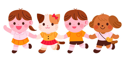 Cute kindergarten kids, Puppy and kitten. Vector illustration of cute children holding hands and walking.