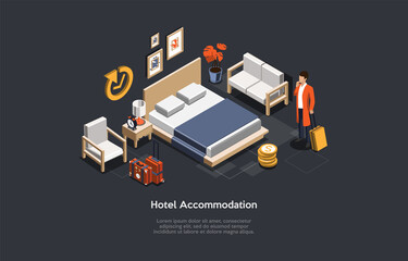 Vector Illustration, Hotel Accommodation Concept. Isometric 3D Composition, Cartoon Style. Daily Rent Flat Or Room. Real Estate Business, Housing Service. Character With Luggage, Indoors Elements