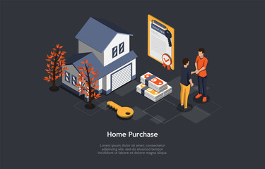 Vector Illustration, Home Purchase Concept. Isometric 3D Composition, Cartoon Style. Real Estate Sale Service, Housing Business, Agent And Client Shaking Hands. Insurance Policy Contract, Apartment