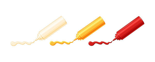  Set of plastic bottles with sauces. Mayonnaise, ketchup and mustard are squeezed out of bottles. Vector illustration - obrazy, fototapety, plakaty