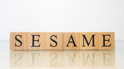 The word sesame was created from wooden letter cubes. Gastronomy and spices.