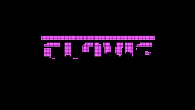Clovis. American city. Animated text. 4K video. Transparent Alpha channel. Isolated Letters from pixels, 8 bit. Purple color. US city Clovis for title, social media, tourism, travel blog