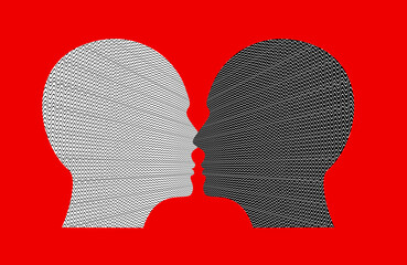 Ethnic Equality, Culture War and racism concept. Human heads face to face. Social Issue Conceptual illustration in red background   - obrazy, fototapety, plakaty