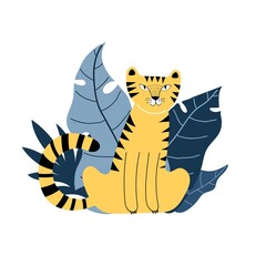 cartoon tiger, leaves. flat style, colorful vector for kids. baby design for cards, poster decoration, print