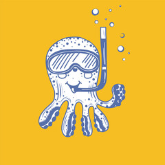 Cartoon octopus with snorkeling mask and snorkel. Cute print. Vector illustration for summer design. 