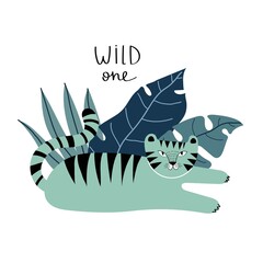 wild one. cartoon tiger, hand drawing lettering. flat style, colorful vector for kids. baby design for cards, poster decoration, print