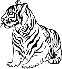 Tiger. Black and white simple sketch. Vector illustration.