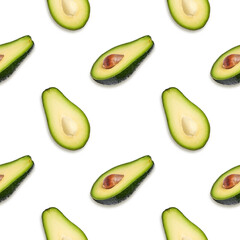 Ripe avocado on a white background, seamless pattern.