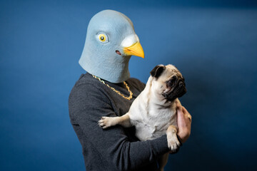 Pigeon Man Wearing Mask With Gold Chain and Dog 