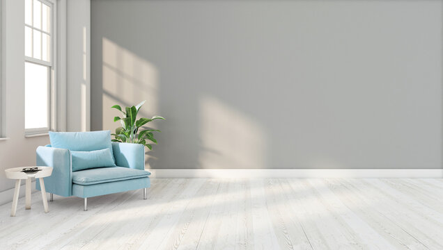 Minimalist empty room with light blue armchair and side table, gray wall and wood floor. 3d rendering