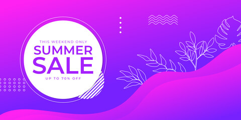Colorful End of summer sale organic flat floral template for social media or flyer. Summer banner with floral gradient color background. Web banner template with floral foliage line element 