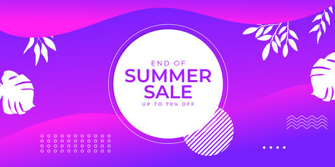 Colorful End of summer sale organic flat floral template for social media or flyer. Summer banner with floral gradient color background. Web banner template with floral foliage line element 