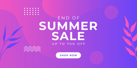 Fototapeta na wymiar Colorful End of summer sale organic flat floral template for social media or flyer. Summer banner with floral gradient color background. Web banner template with floral foliage line element 