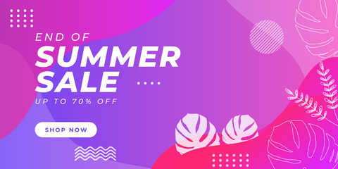 Colorful End of summer sale organic flat floral template for social media or flyer. Summer banner with floral gradient color background. Web banner template with floral foliage line element 