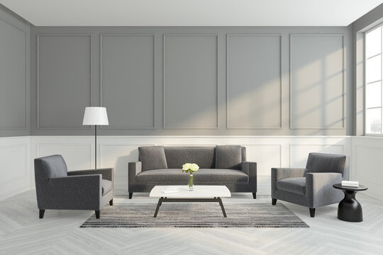 Luxury minimalist living room with gray and white wall cornice,  light wood floors. 3D rendering