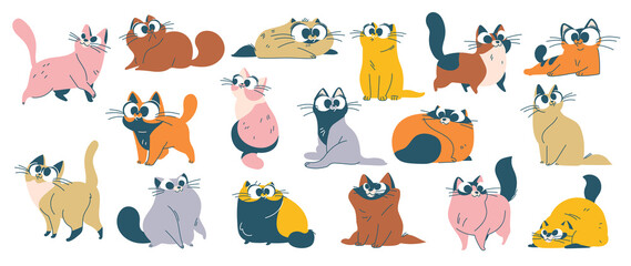 Obraz na płótnie Canvas Cute and funny cats doodle vector set. Cartoon cat or kitten characters design collection with flat color in different poses. Set of purebred pet animals isolated on white background.