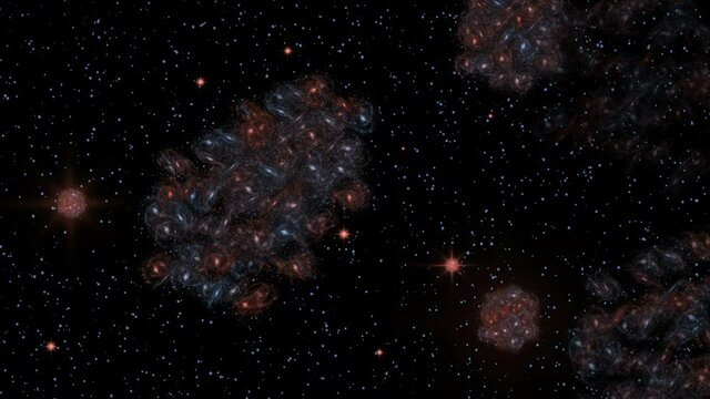 Fireworks from galaxies. Big explosion. Realistic animation. Futuristic fireworks with loop seamless. Surreal 4K fireworks. Abstraction of shining fireworks in the night sky.