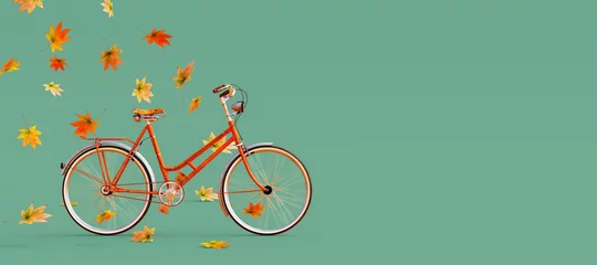 Printed kitchen splashbacks Bike Orange bicycle arriving with falling dry leaves on green background. Autumn is coming concept image 3D Rendering, 3D Illustration