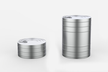 Metal tin can. Canned foods mockup, aluminum steel package closed with ring pull, realistic silver blank isolated packaging template. 3d illustration