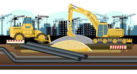 Industrial pipeline laying. Construction of new quarters. Excavation and laying of underground pipes with water, gas or sewerage. Isolated Illustration vector