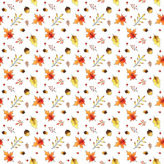 seamless watercolor pattern of autumn leaves, wild berries and amanitas on a white background.