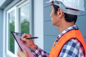 Inspector or engineer is checking and inspecting the building or house by using checklist. Engineers and architects work on building the house before handing it over to the landlord.