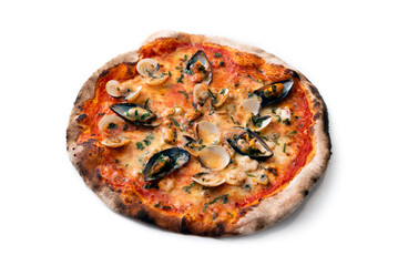 Deliziosa pizza mediterranea con cozze e vongole, Cucina Italiana 