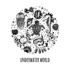 A set of cartoon sea animals in a circle. Ocean underwater inhabitants. Postcard, T-shirt, mug design. Cute vector illustration in sketch style.