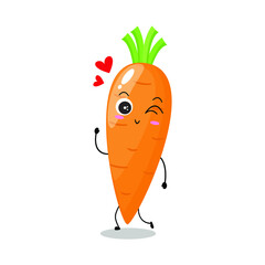 Vector illustration of carrot character with cute expression, lovely wink, happy, funny, carrot isolated on white background, simple minimal style, vegetable for mascot collection, emoticon, kawaii