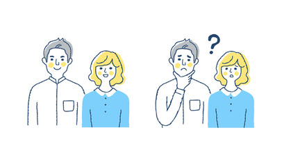 若いカップル　笑顔と困った表情