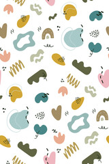 Cute abstract doodles seamless pattern with various colorful organic shapes and hand drawn lines and dots. Vector background for boys textile, fabric, surface, wrapping paper. Modern creative design.