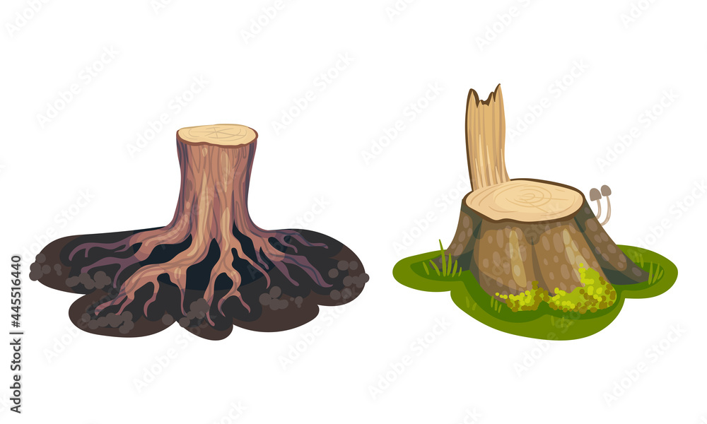 Aufkleber tree stump as small part of trunk with roots in the ground vector set