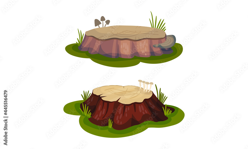 Aufkleber tree stump as small part of trunk with roots in the ground vector set