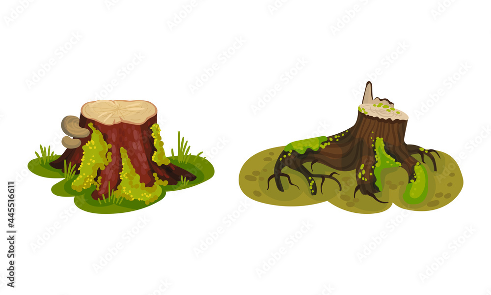 Aufkleber tree stump as small part of trunk with roots in the ground vector set