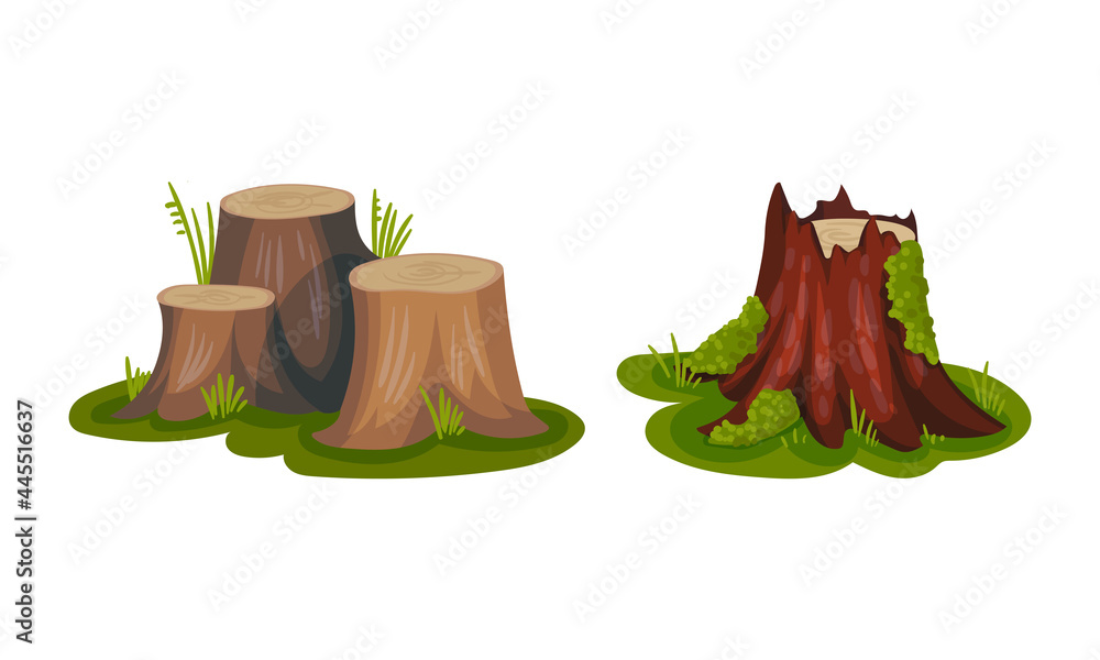 Aufkleber tree stump as small part of trunk with roots in the ground vector set