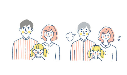 3人家族　笑顔と困った表情