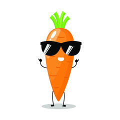 Vector illustration of carrot character with cute expression, smile, cool, happy, funny, carrot isolated on white background, simple minimal style, vegetable for mascot collection, emoticon, kawaii