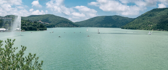 Panoramic view of Abrau-Durso lake at mountains background. Famous place in Russia