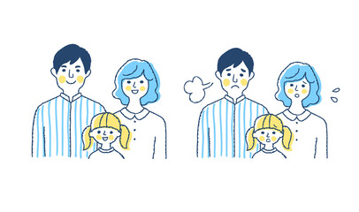 3人家族　笑顔と困った表情
