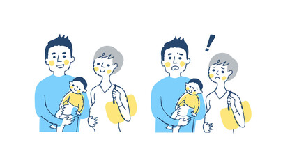 3人家族　笑顔と困った表情
