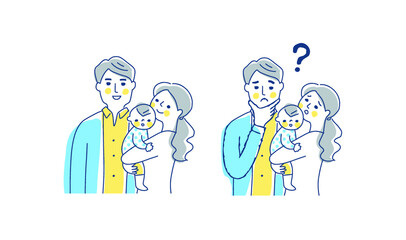 3人家族　笑顔と困った表情