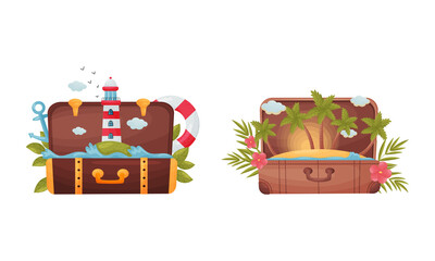 Travel Suitcase and Trunks with Green Flora and Vacation Symbols Vector Set